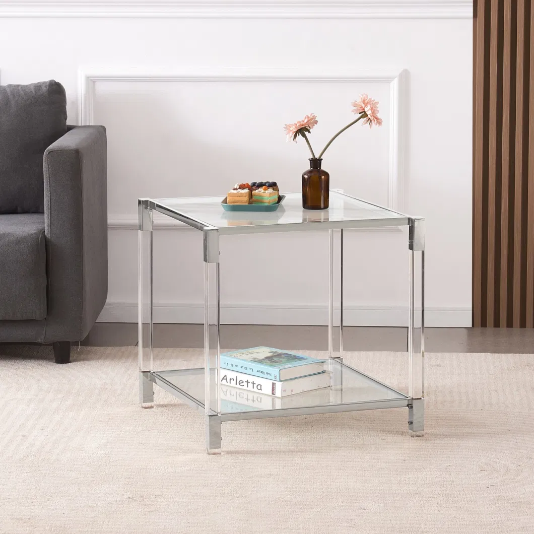 China Wholesale Good Price Clear Acrylic End Table Sets Square Glass Stainless Steel Side Tables