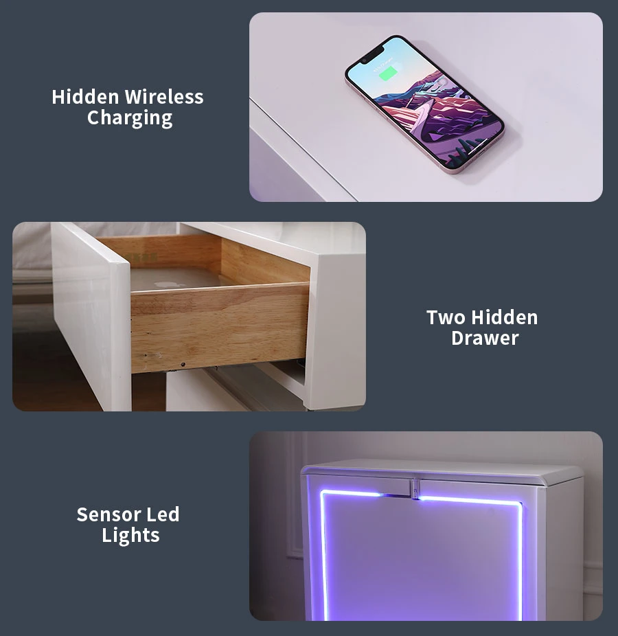 Modern White Acrylic Intelligent LED Light Night Stand Smart Bedside Table with Wireless Charging